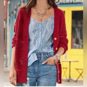 SUNDANCE Travelers Cardigan Samba Red Open Knit Crochet Sz S Boho‎ Cottage